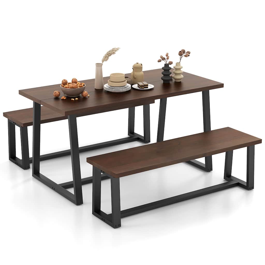 Gymax 3 Pieces Dining Table Set 63'' Large Table & 2 Long Benches for