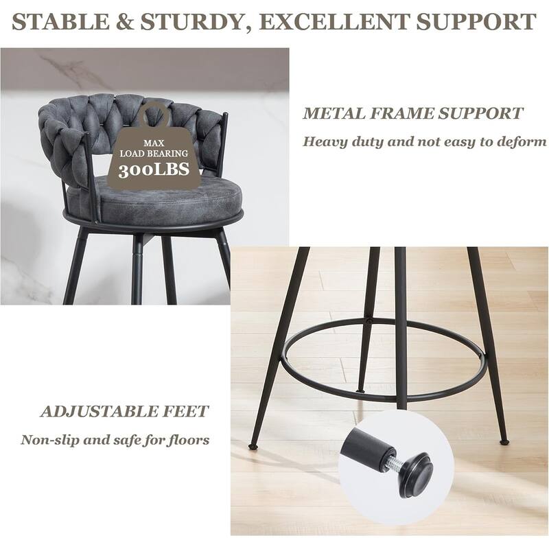 XINMICS 360° Swivel Bar Stools, 24 Inches Modern Counter Height Bar Stools with Woven Back, Upholstered Suede Tall Barstools