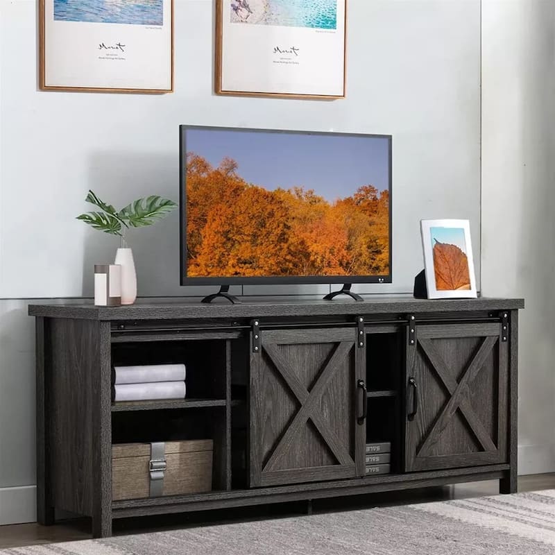58" Farmhouse TV Stand Wooden Console Cabinet for 65" TV Dark Grey - 58 inches