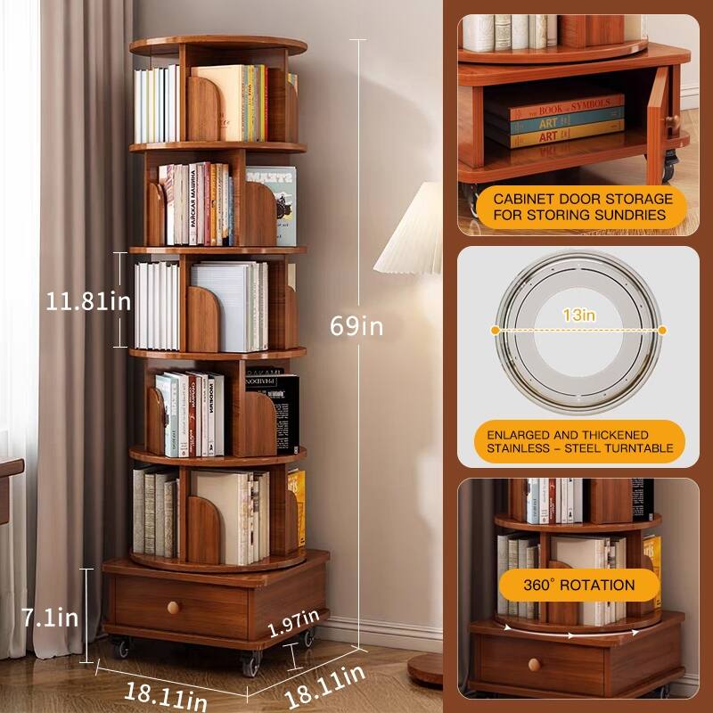 6-Tier Rotating Bookshelf with Wheels, Light Brown Corner Bookcase Organizer for Small Spaces, Stackable MDF Shelf