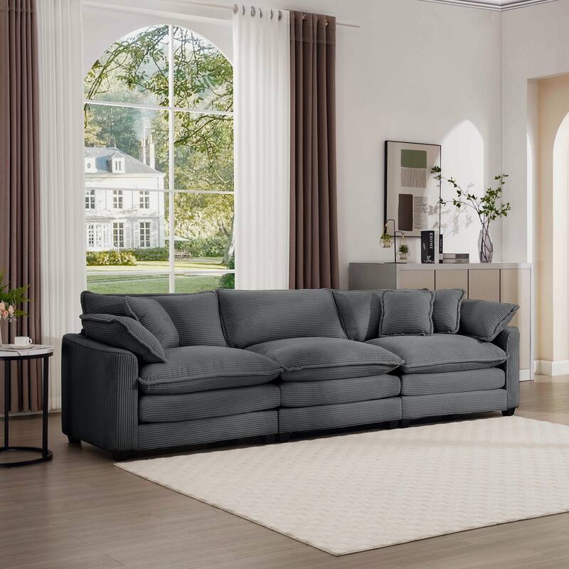 GDFStudio-Shanks Corduroy Three-Seater Sofa with Arm and Throw Pillows
