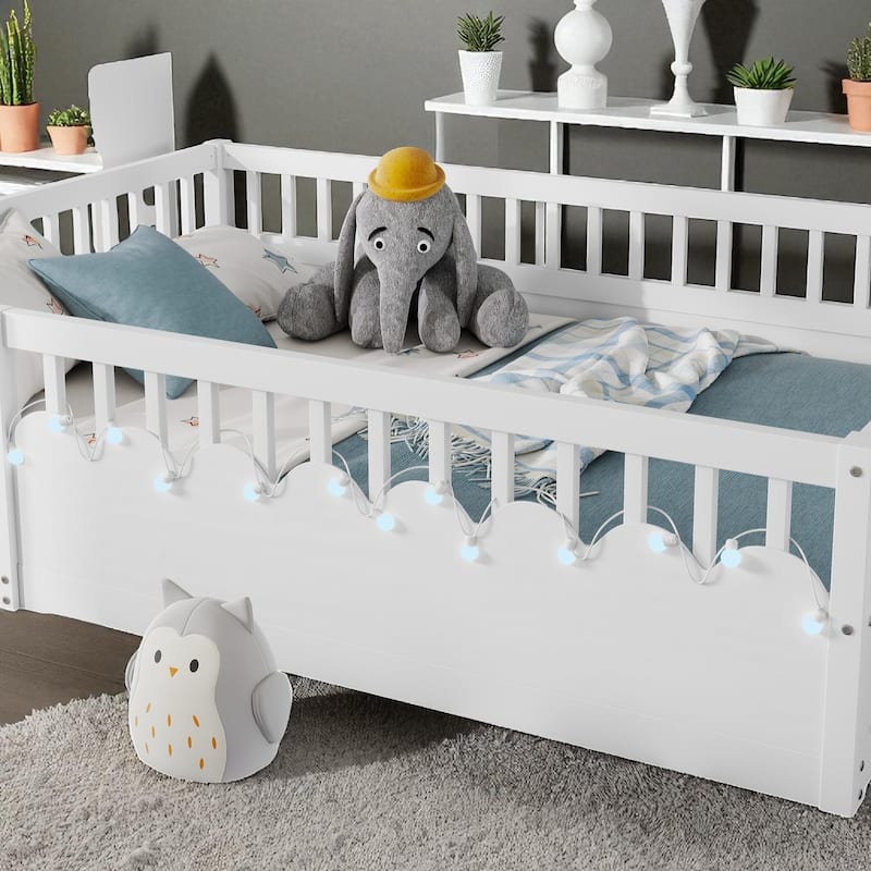 Twin/Full Montessori Wooden Floor Bed with High Rails, LED Light, and Side Storage Shelf for Kids