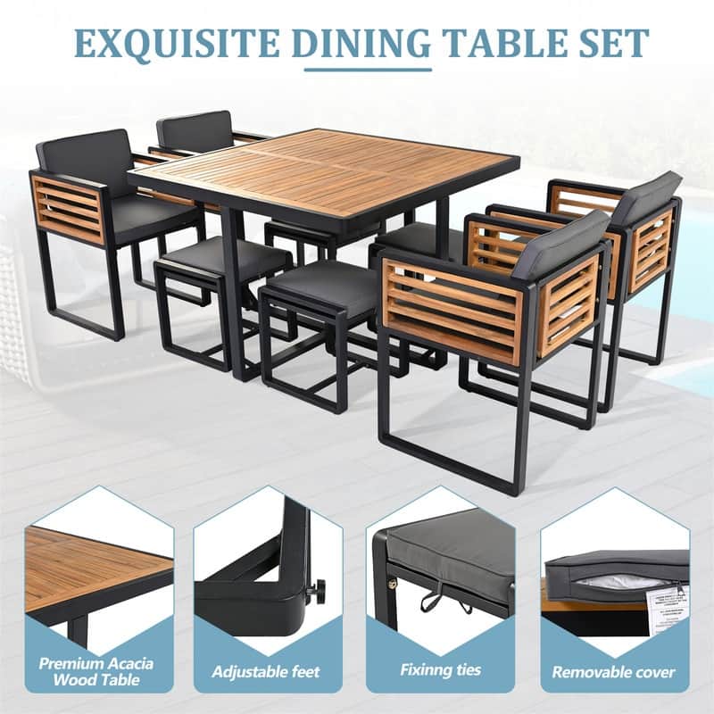 9-Piece/18-Piece Acacia Wood Patio Dining Set, Outdoor Dining Table Set with Cushioned Chairs, Ottomans and 1 Square Table