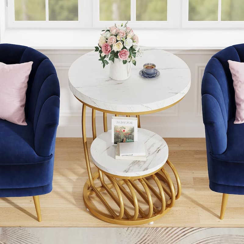 2 Tiers Faux Marble Side Table with Storage Shelf