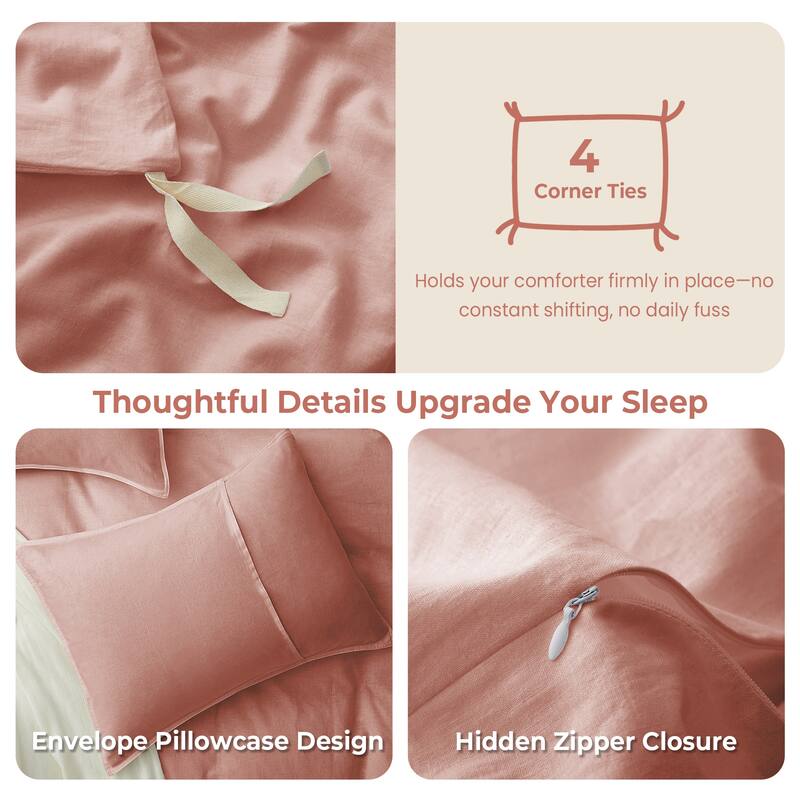 Flax Linen Cotton Blend Duvet Cover Set, Durable, Breathable and Moisture-Wicking, 3 Piece Bedding Set