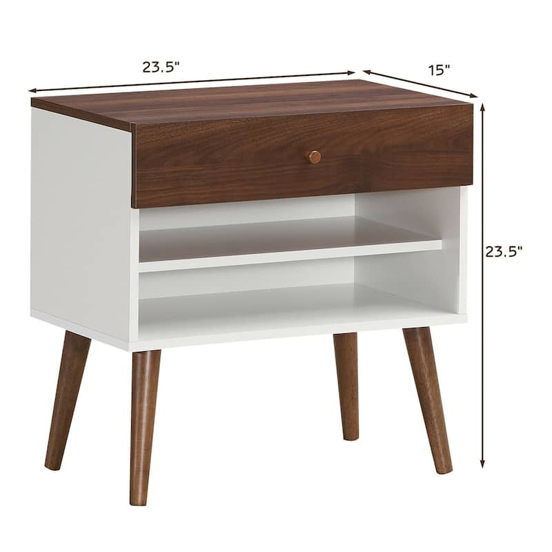 Nightstand End Side Table Drawer Storage Shelf Mid-Century Rubber Wood Leg