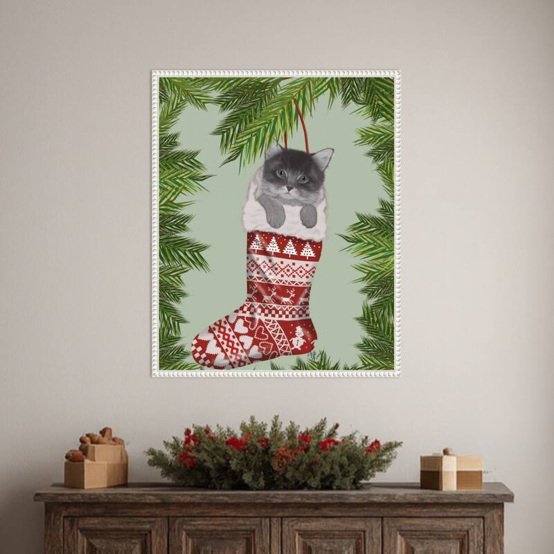 Grey Kitten in Christmas Stocking by Fab Funky (23 x 28 in.), Framed Canvas Wall Art Print - Sylvie Beaded White