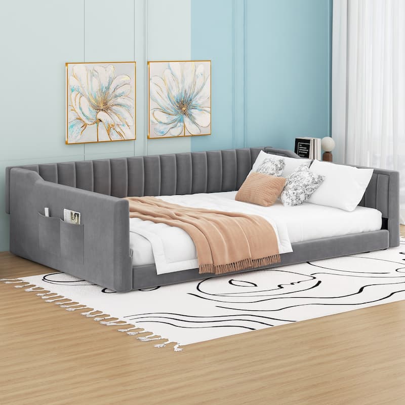 Full XL Velvet Upholstered Daybed with Vertical Channel Tufting and Side Storage Pocket, No Box Spring Needed, Modern Sofa Bed