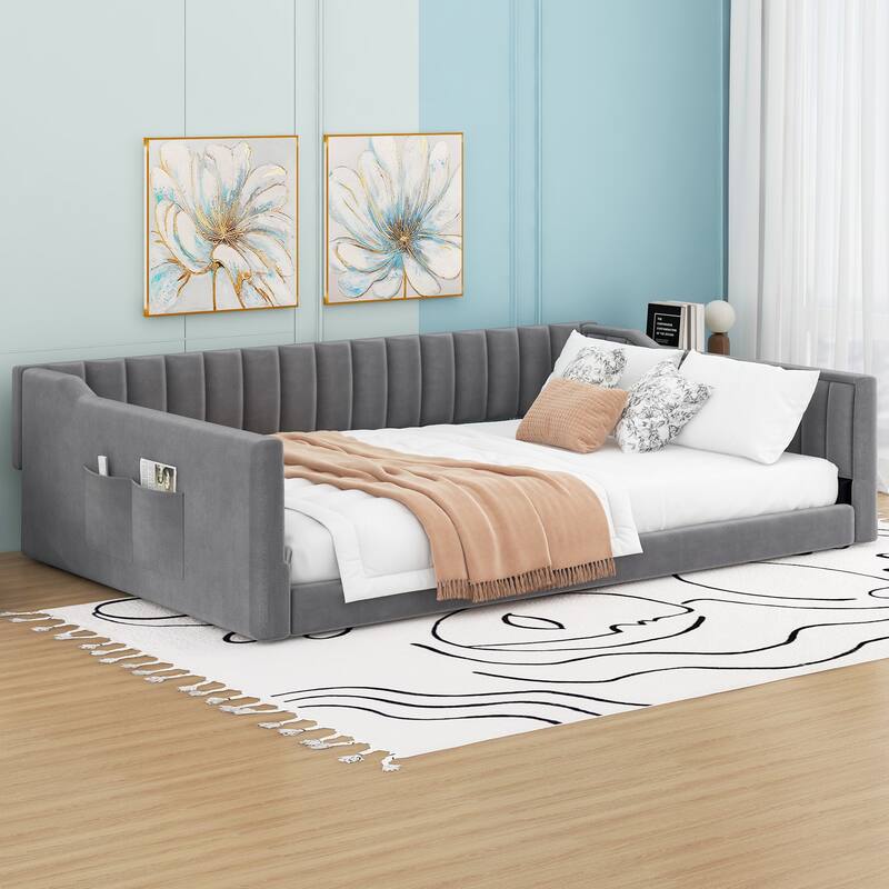 Upholstered Daybed with Sloped Arms and Side Pocket, Vertical Stripes Grounded Daybed with Wood Slat Support, Velvet Fabric - Grey - Full