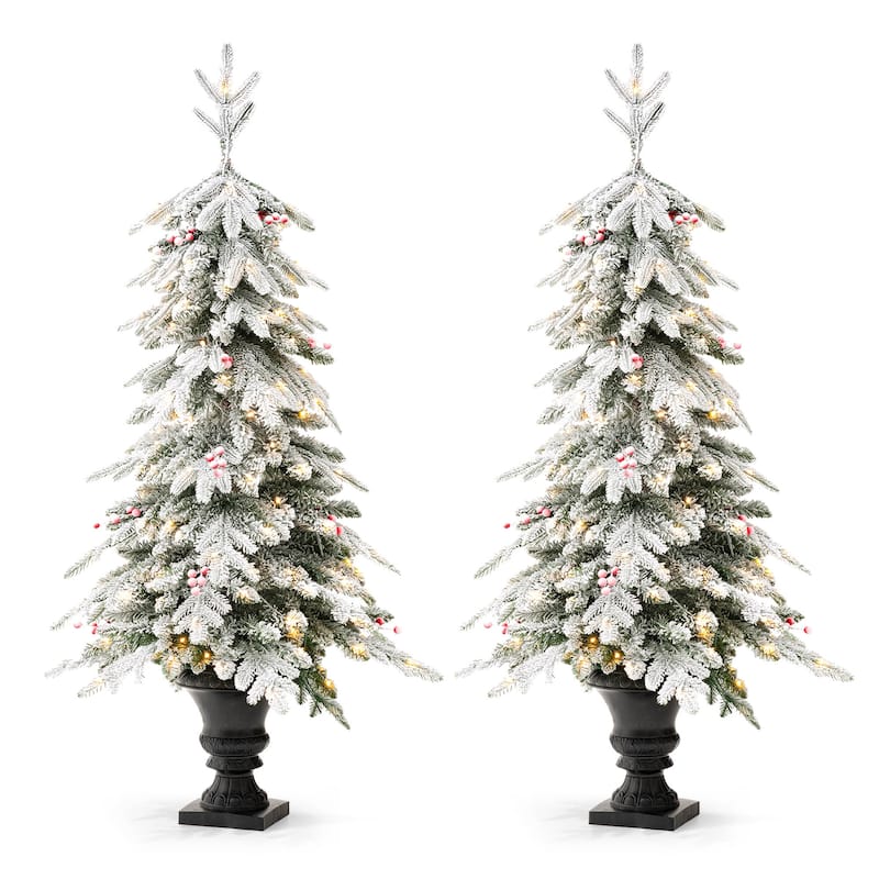 Glitzhome 4FT/5FT Pre-Lit Flocked Fir Artificial Christmas Potted Porch Trees