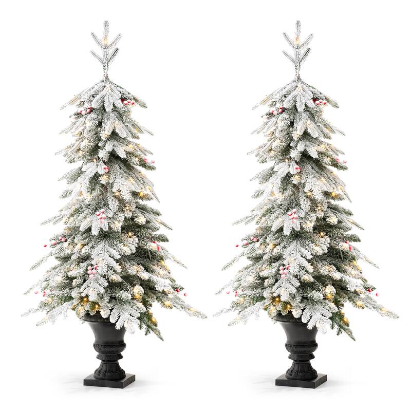Glitzhome Artificial Christmas 5-Piece Set, 4ft Snow Flocked Artificial Potted Trees, Pinecone Berry Wreath and Teardrops