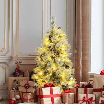 4FT Pre-Lit Spruce Snow Flocked Christmas Tree with Pine Cones,170 Branch Tips,120 Multi-Color LED Lights,11 Flashing Modes