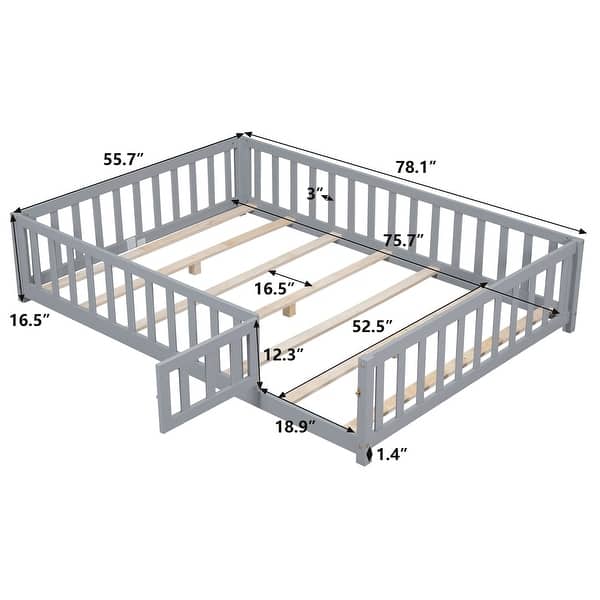 dimension image slide 2 of 3, Full Size Kids Floor Platform Bed with Support Slats,Fence and Door