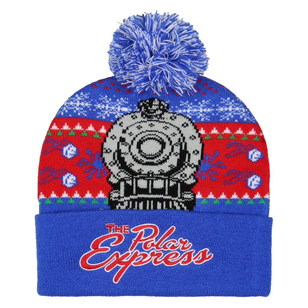 The Polar Express Beanie Men's Locomotive Fair Isle Design Embroidered Logo Fold Cuff Top Pom Beanie Hat