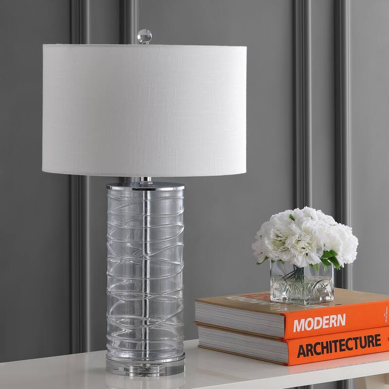 Coco 27.5" Modern Fused Glass Cylinder LED Table Lamp, Turquoise (Set of 2) by JONATHAN Y