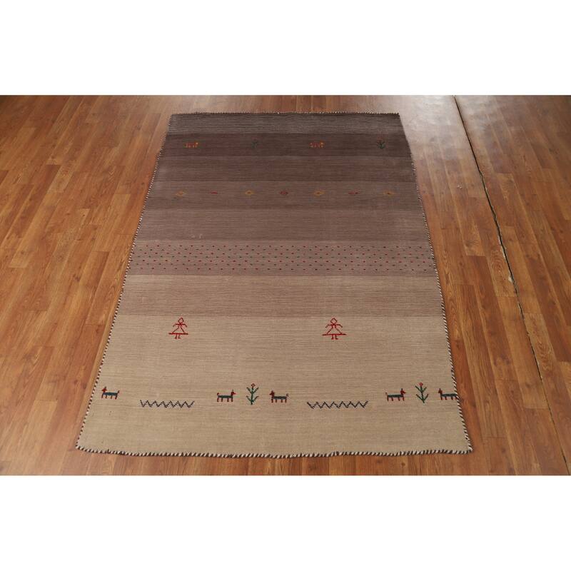 Hand Knotted Oriental 100% Wool Carpet Tribal Stripe Brown Gabbeh Area Rug - 5' 10'' X 4' 2''