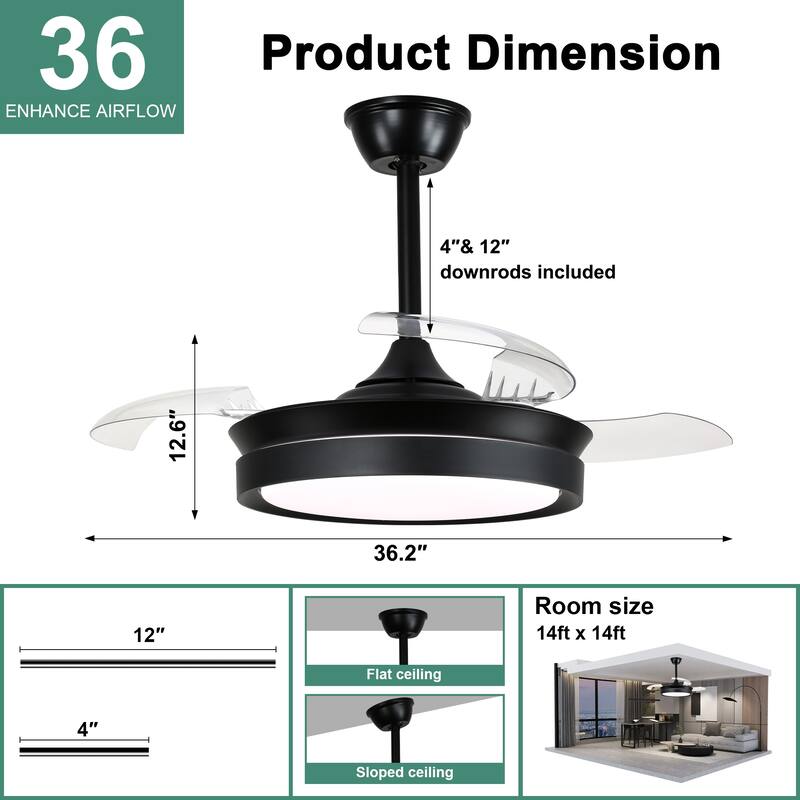 Cusp Barn 36 Inch Retractable Ceiling Fan with Lights, Modern 6 Speeds Silent DC Motor Fandelier Ceiling Fan for Bedroom