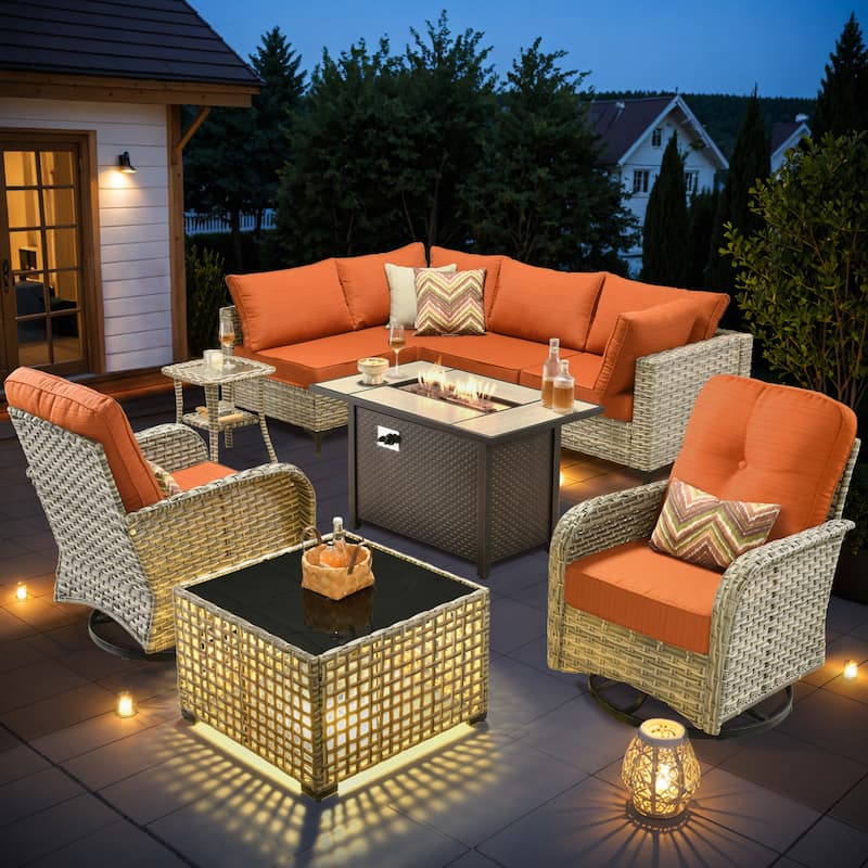 OVIOS 9 Pieces Outdoor Wicker Swivel Chair Set With Fire Table - Orange/Red