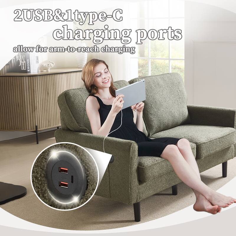 Loveseat Sofa,Mid Century Modern Love Seat, 2 Seater Sofa Couches For Living Room,Small Couch With Usb & Removable Pillow Cover