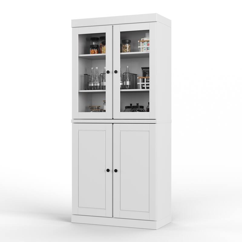 Palace Imports Solid Wood Pantry Cabinet, Raised Panel & Clear Glass Doors, 2 Drawers, Adjustable Shelves