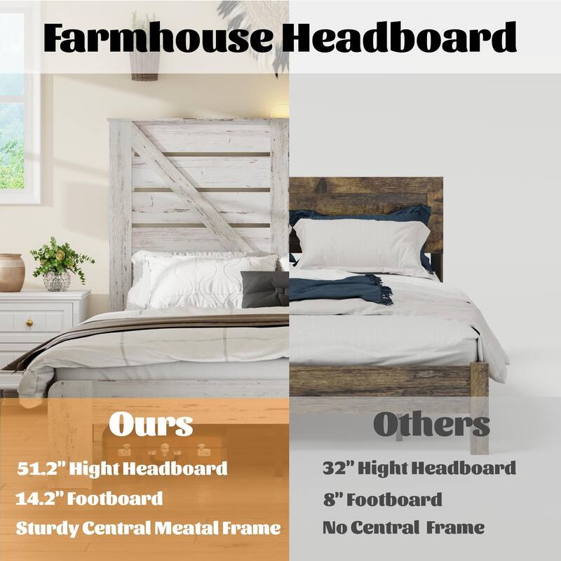 Wood Platform Bed Frame with Headboard - Noise Free, No Box Spring, Easy Assembly, Under Bed Storage