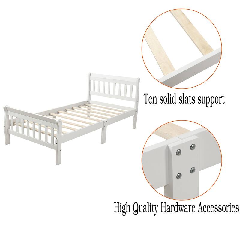 Twin Size Platform Bed Solid Wood Sleigh Bed Frame with Hollow Designed Headboard, Footboard and Wood Slat Support