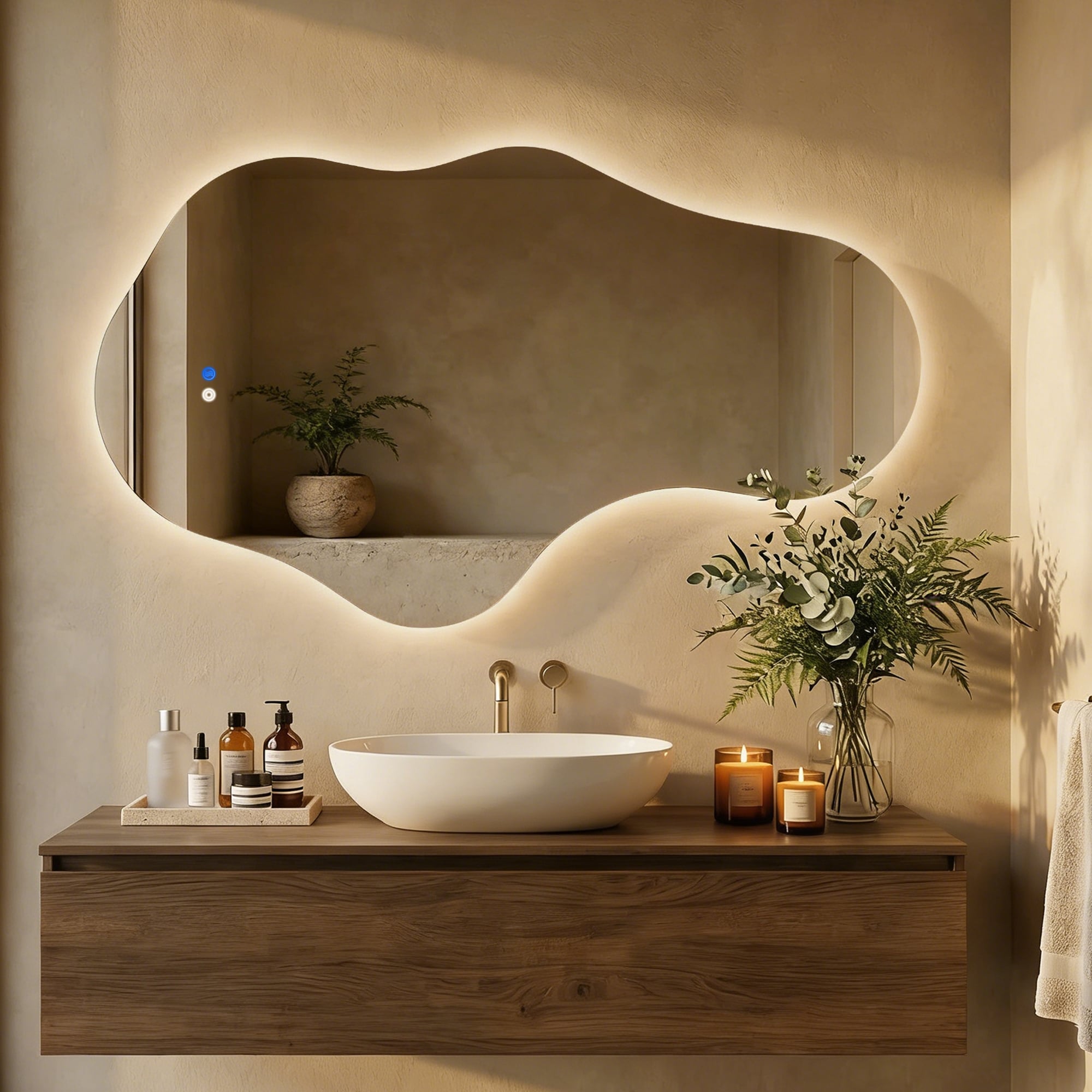 LED Frameless Bathroom Mirror Anti-Fog 3-Color Dimmable Irregular Wall Mirror