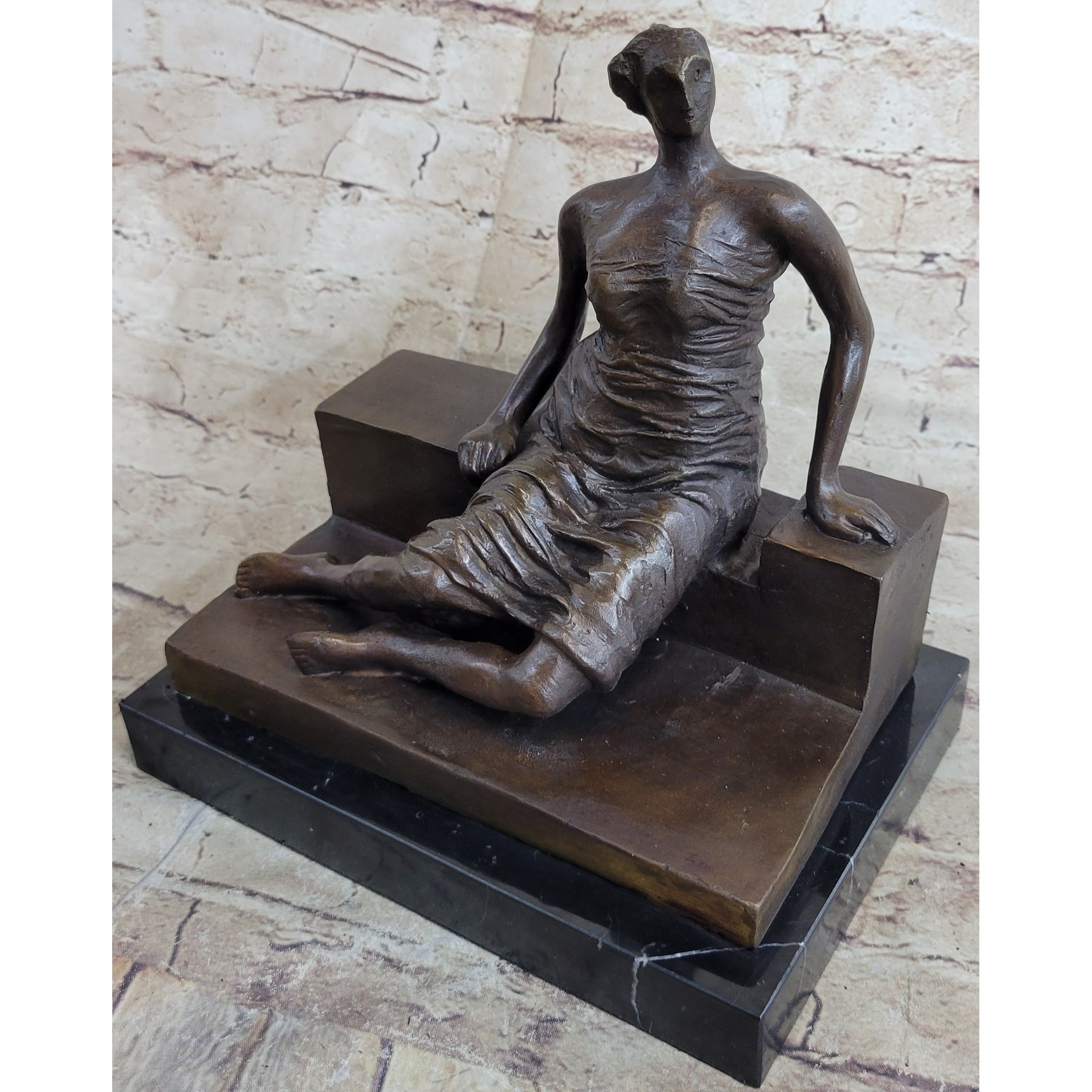 Woman On Bench By Henry Moore Abstract Modern Art Bronze Statue Sculpture Marble Base 9 Inches X 8 Inches