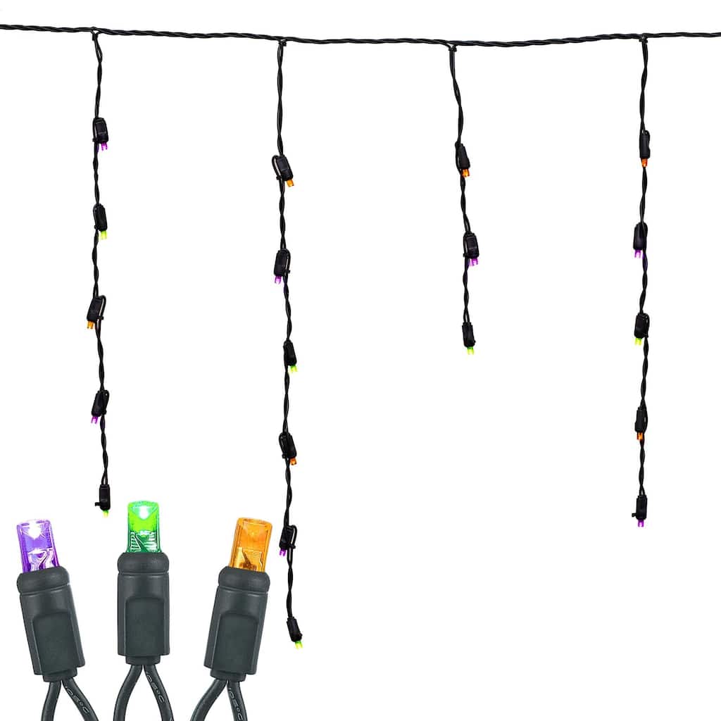 Halloween LED Icicle Light Set, Purple/Lime Green/Orange, Green Wire, 7.5' Long, 70 Light - Purple/Lime Green/Orange