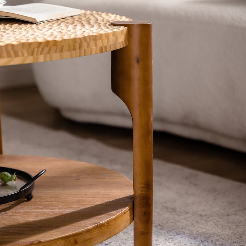 Roomfitters Solid Wood Round Coffee Table, 2-Tier Mid Century Modern Center Table with Storage Shelf for Living Room, Natural
