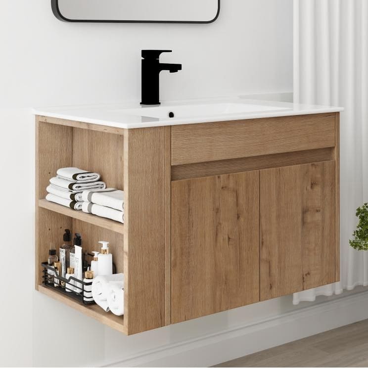 30 Inch Bathroom Vanity With White Ceramic Basin and Adjust Open Shelf - Imitative Oak