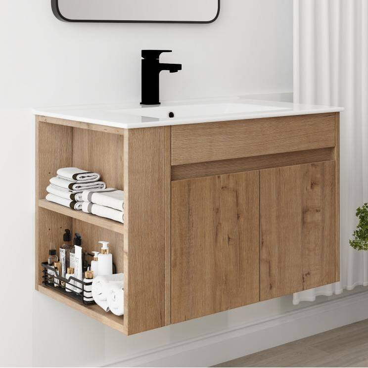 Compact Wall-Mounted Bathroom Vanity with Adjustable Open Shelf, 45° Inclined Handle Design - 29.13in L Plywood