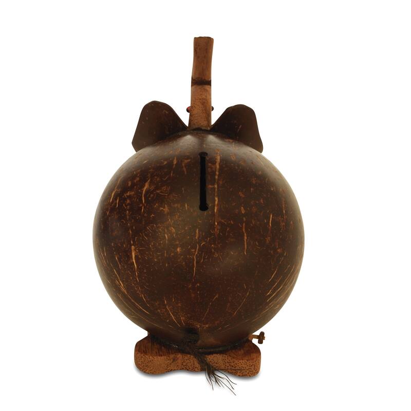 Unique Handmade Coconut Shell Wood Elephant Coin Piggy Bank Handcrafted Wooden Rustic Hand Carved Keepsake Saving Money