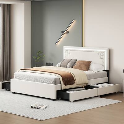 Queen Size Upholstered Platform Bed with Rivet-Decorated Headboard