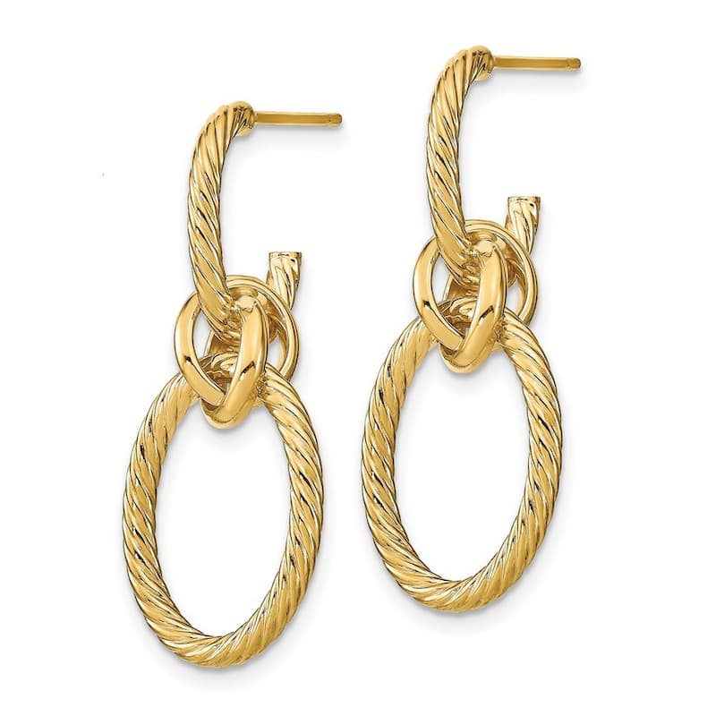 Curata 14k Gold Polished Textured Post Long Drop Dangle Earrings (15mm x 24mm)