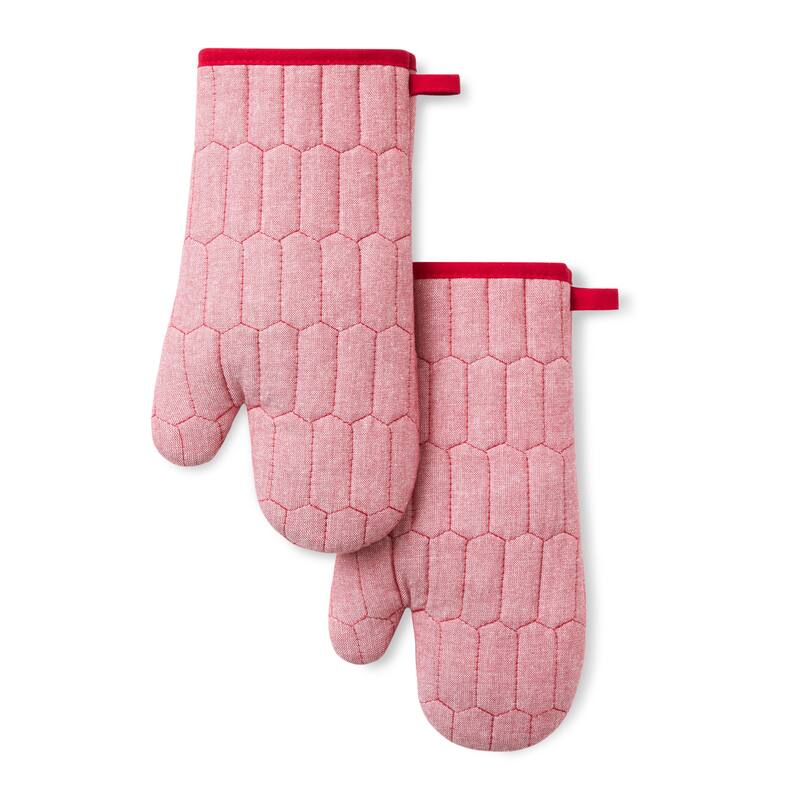 MARTHA STEWART Honeycomb Quilted Chambray Oven Mitt 2-Pack Set - 7"x13" - Red