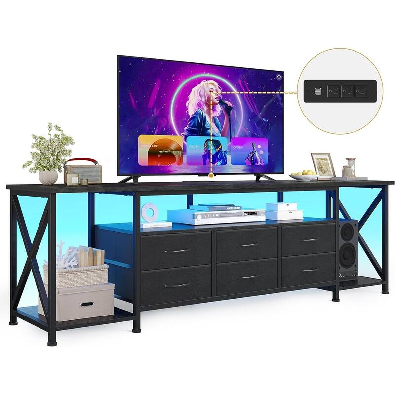 TV Stand with LED Lights Power Outlets Dresser Fabric Drawers Entertainment Center
