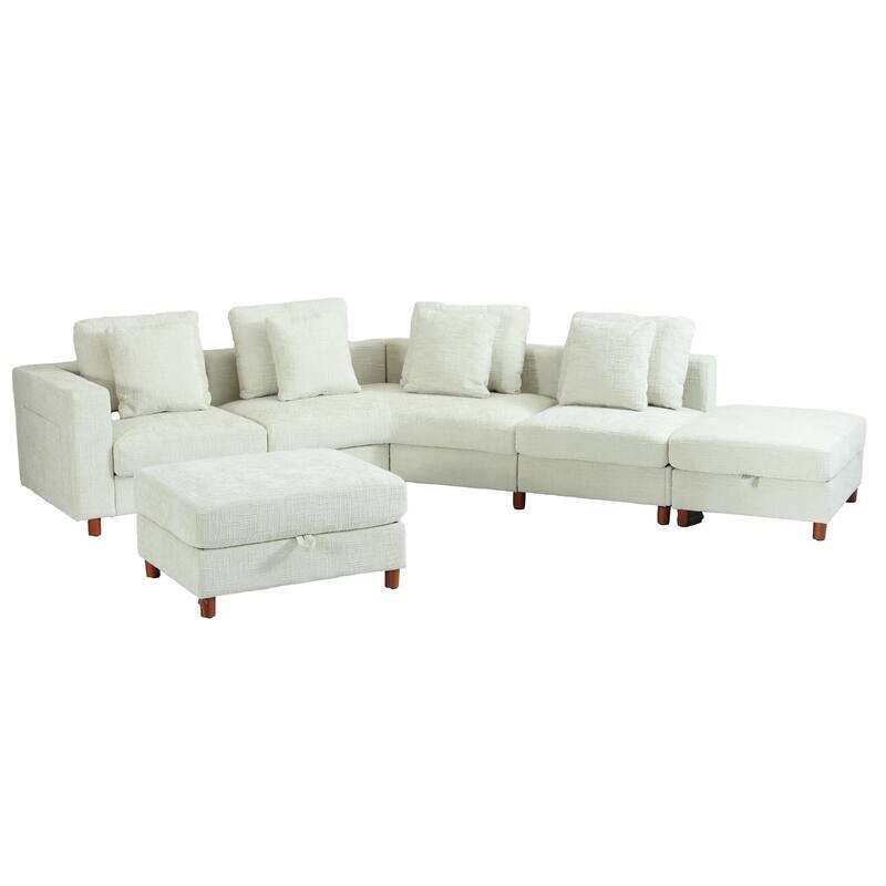 GDFStudio - Modular Chenille 4-Seater 144" Oversized Sectional Sofa with Ottomans - Beige