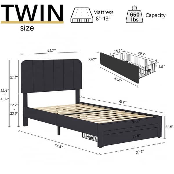 dimension image slide 1 of 4, VECELO Kids Bed Frame, Plantform Beds with Storage Drawer, Height Adjustable Upholstered Bed, Twin Size Bed Set of 2