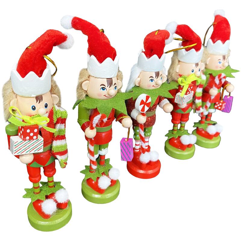5" Elf Nutcracker Ornaments, Set of 5