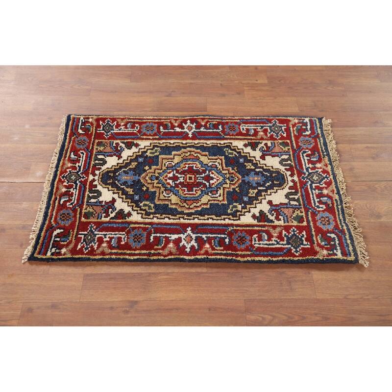 Traditional Heriz Serapi Accent Rug Hand-Knotted Blue Wool Carpet - 2'0" x 3'0"