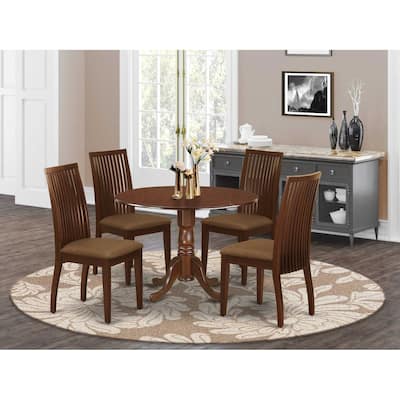 HomeStock 5-Piece Round Mahogany Finish Solid Wood Top Dining table with 4 Chairs with Drop Leaf Lattice Back