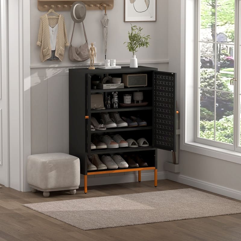 Grid Double Door Shoe Cabinet with Adjustable Shelves and Moisture-Proof Base
