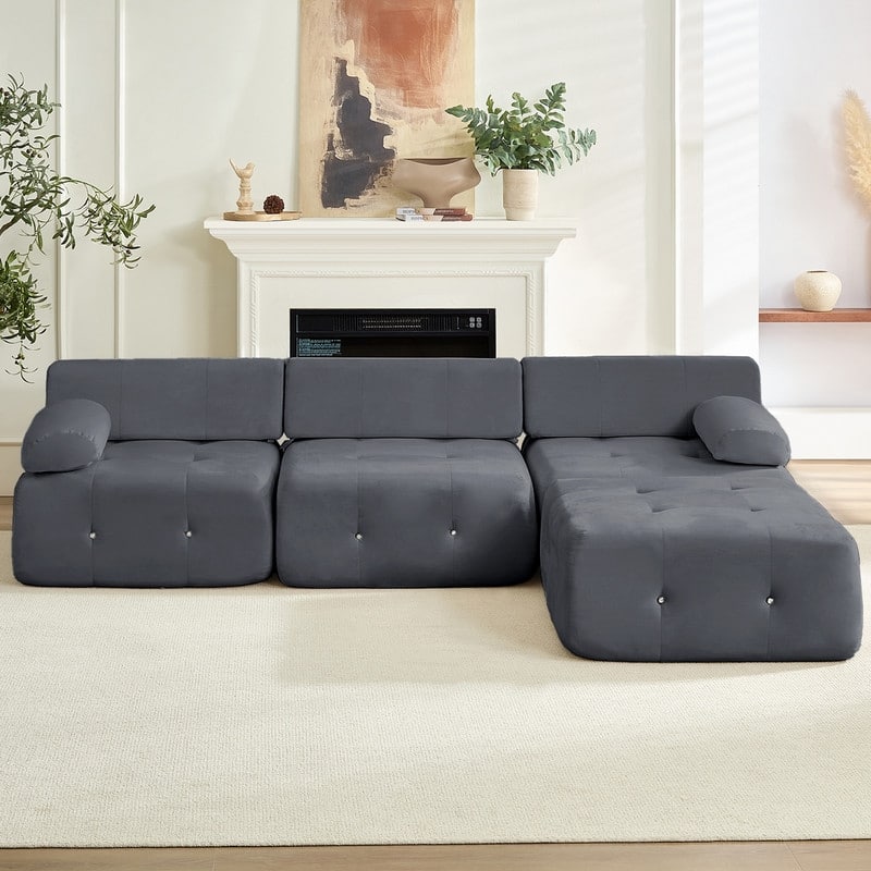 Mixoy 100inch Modular Sectional Sofa with Ottoman,Velvet 3-Seater L-Shaped Couch for Living Room - 100.4"w x 66.9"D x 24.8"H - Dark Grey - Reversible