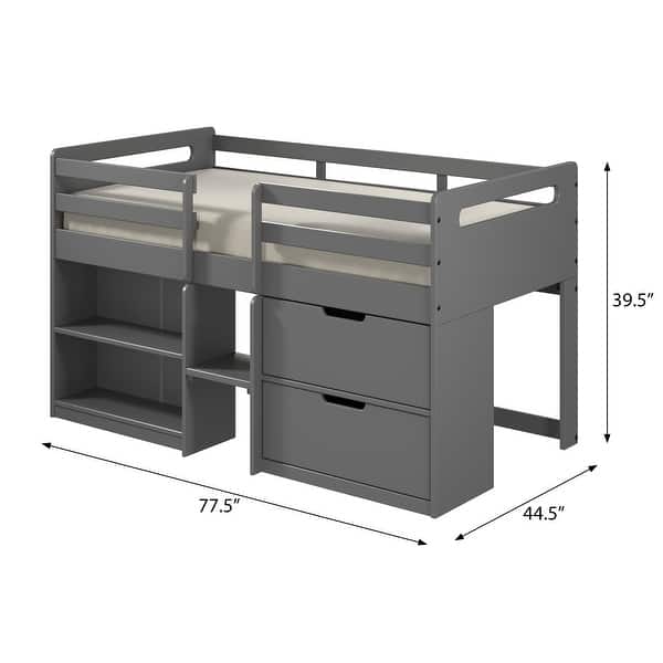 Wooden Twin Size Loft Bed with Built-in Drawers and Built-in Bookshelf and Chest For Home