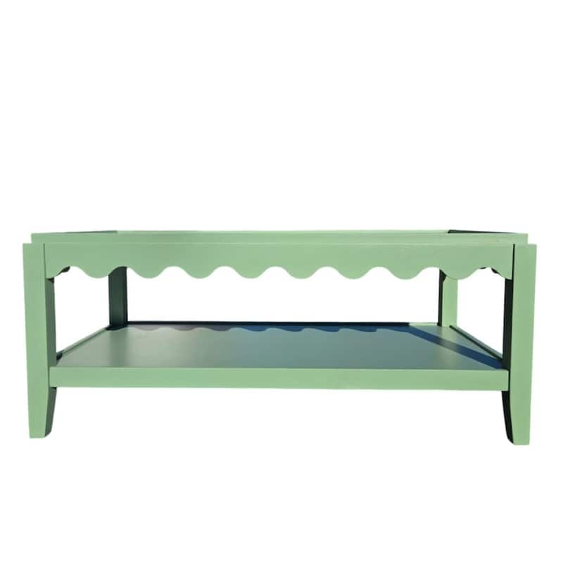 Carolina Chair & Table Scallop Coffee Table - Rectangular Mango Wood Side Table - Decorative Edge and Lower Shelf - Green