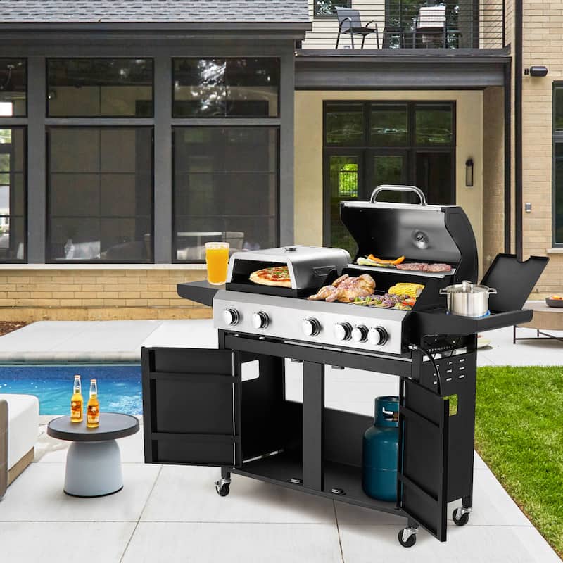 Outdoor Propane Gas Grill with Pizza Oven, 4+1 / 5+1 Burners, Side Burner, Removable Grates, Stainless Steel BBQ Grill