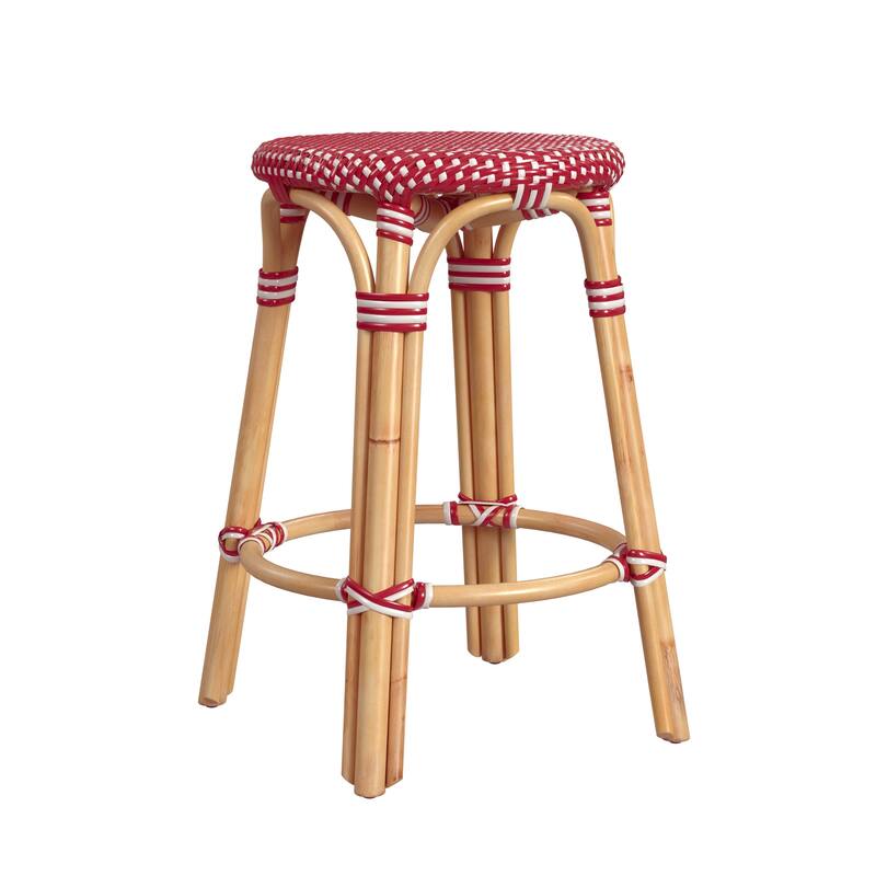 Tobias 24" Rattan Round Counter Stool - Red/White Dot/ Natural Rattan Frame