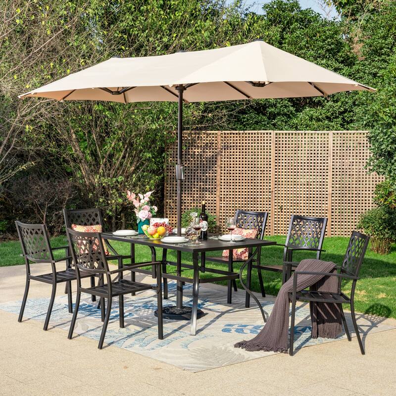 MAISON ARTS 8-Piece Outdoor Dining Set with 13ft Umbrella Steel Rectangle Table & 6 Stackable Chairs