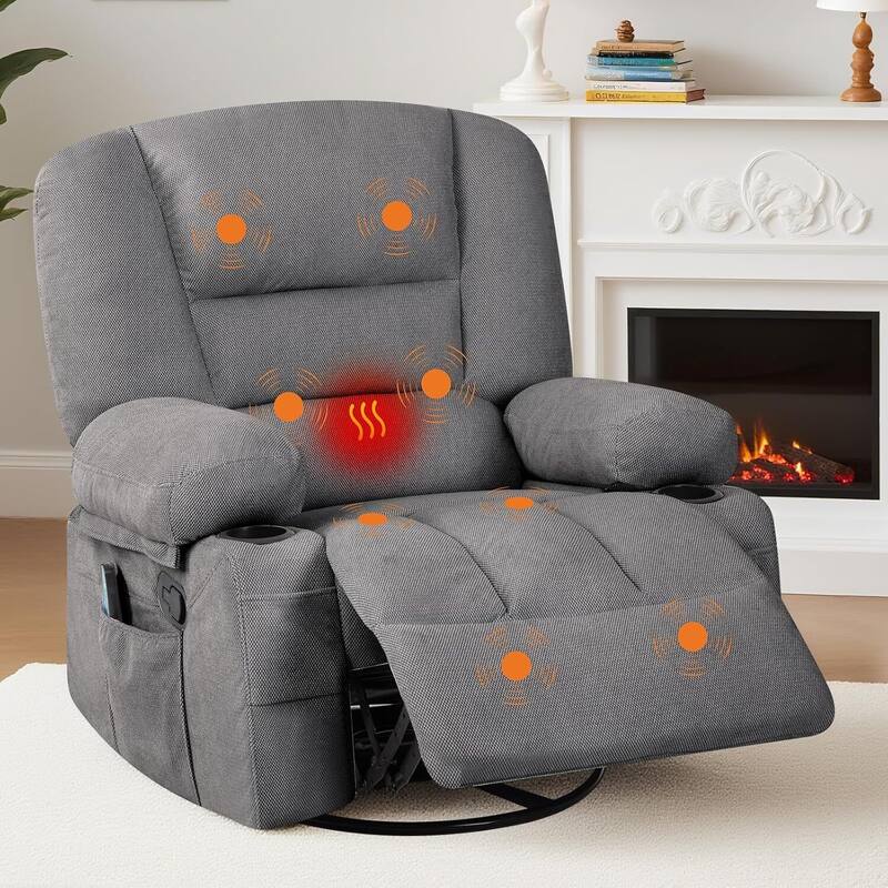 360° Swivel Massage and Heating Rocker Recliner Chairs for Living Room, Bedroom - Grey